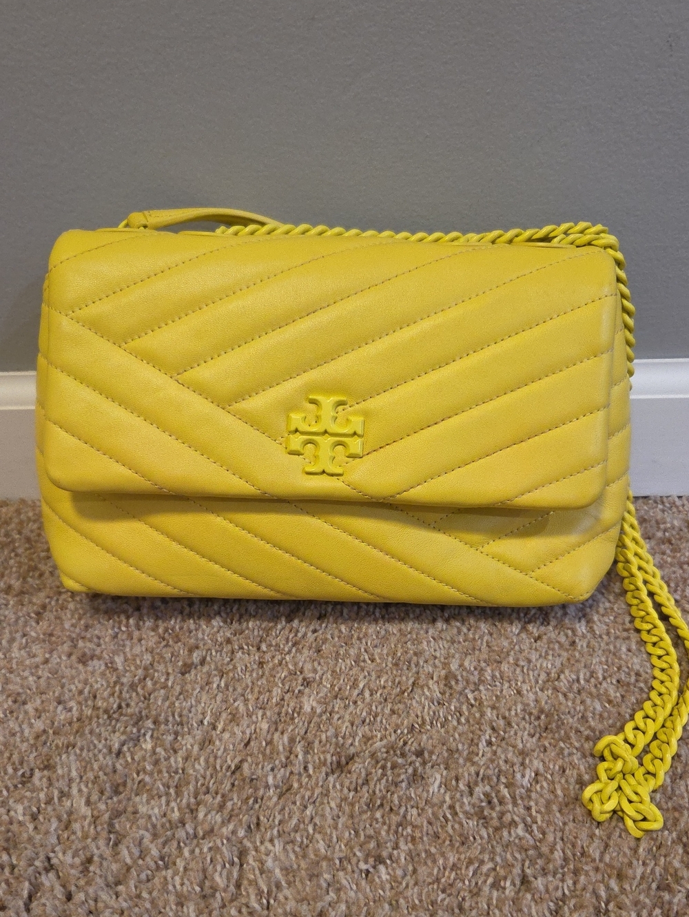 TORY BURCH Kira Chevron Yellow Quilted Napa Leather Crossbody Shoulder Bag